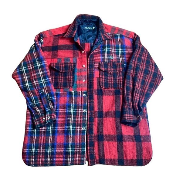 90s Vintagee Nautica Patchwork Wool Plaid Flannel Shacket XL Red Jacket